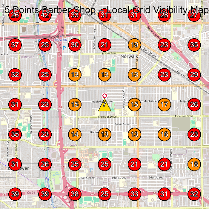 5 Points Barber Shop GeoGrid visibility map for Women'S Clothing Store in Norwalk